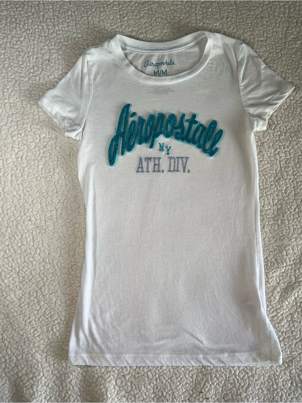 Aeropostale White Tee with Teal Script Logo - Women's Short Sleeve